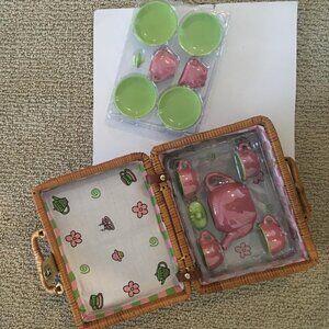 New vintage pink & pale green tea set in a wicker case